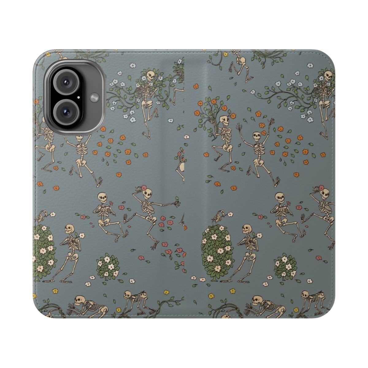 Image of a phone case featuring a design with skeletons and floral garlands.