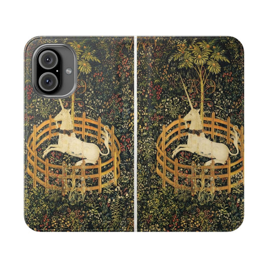 Flip phone case featuring a whimsical design with a mythical unicorn and elegant green floral motifs.