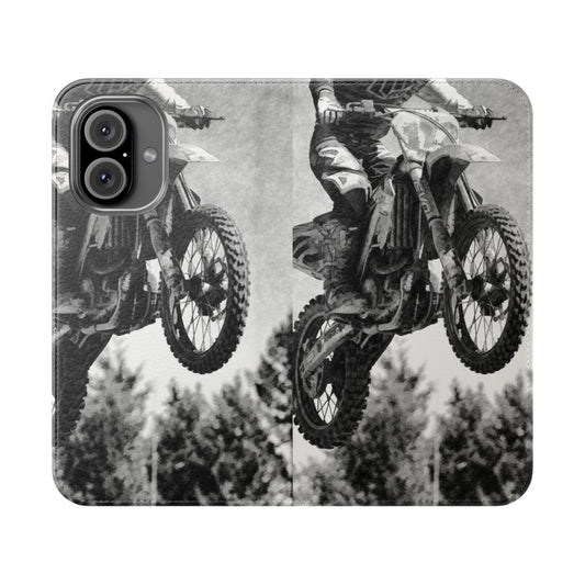 Motocross racer riding a dirt bike on a racetrack with the Motocross Racer Flip Cover Phone Case