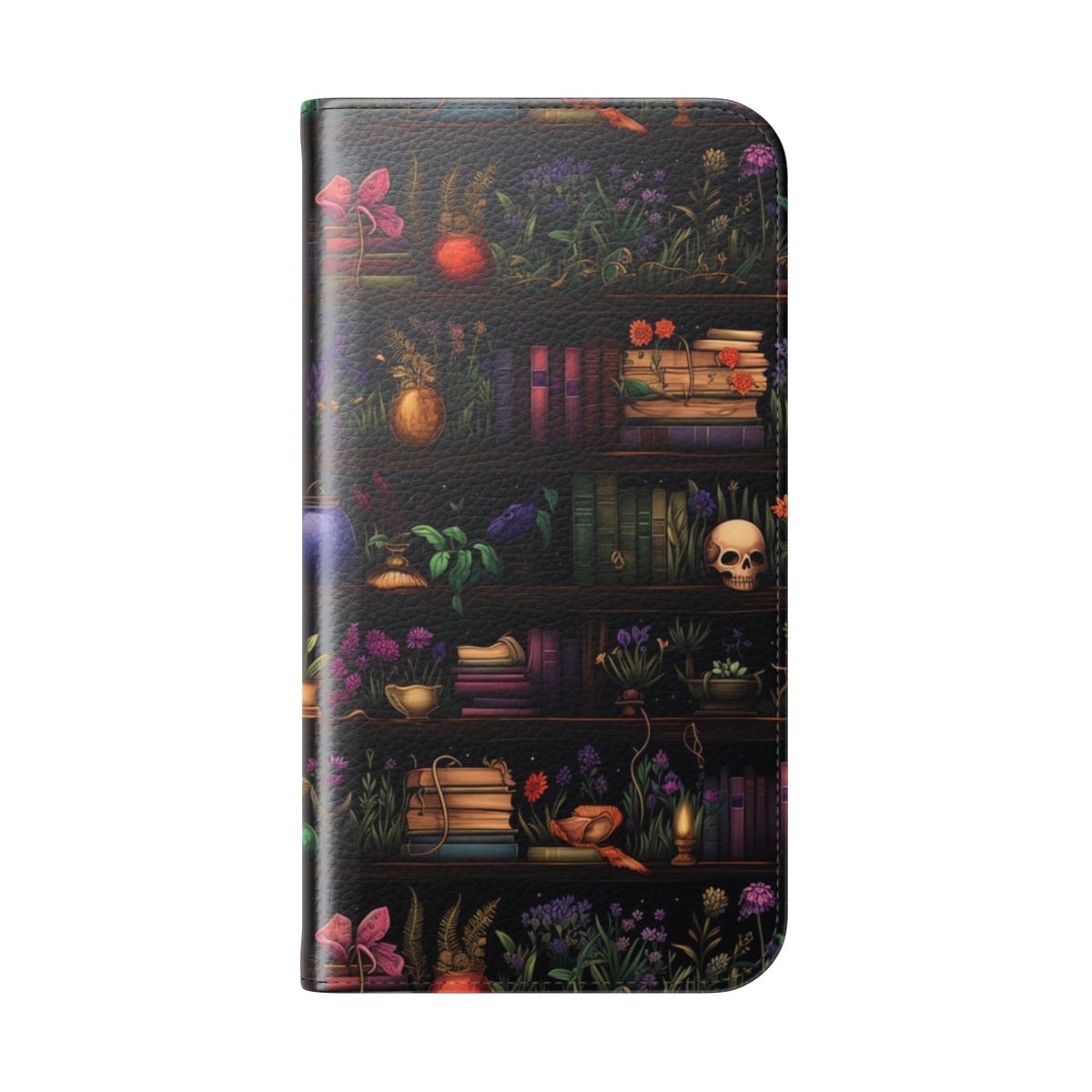 A dark and whimsical phone case featuring a bookshelf design with a witchy vibe. - Folded Back