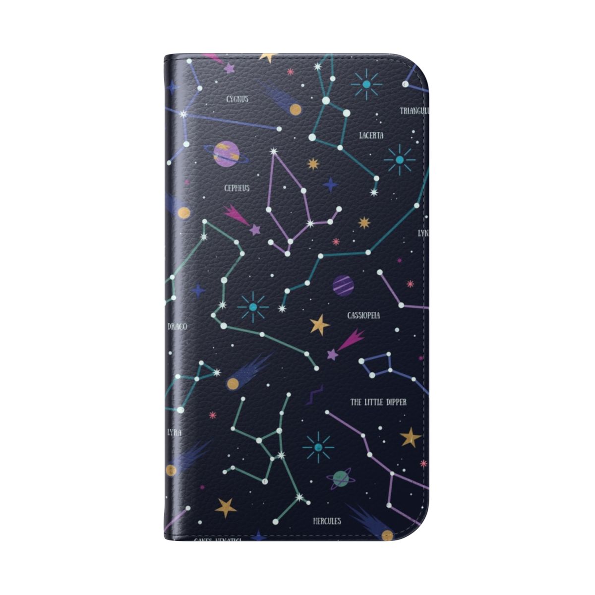 A phone case featuring a starry night sky, planets, and constellations - Folded Back