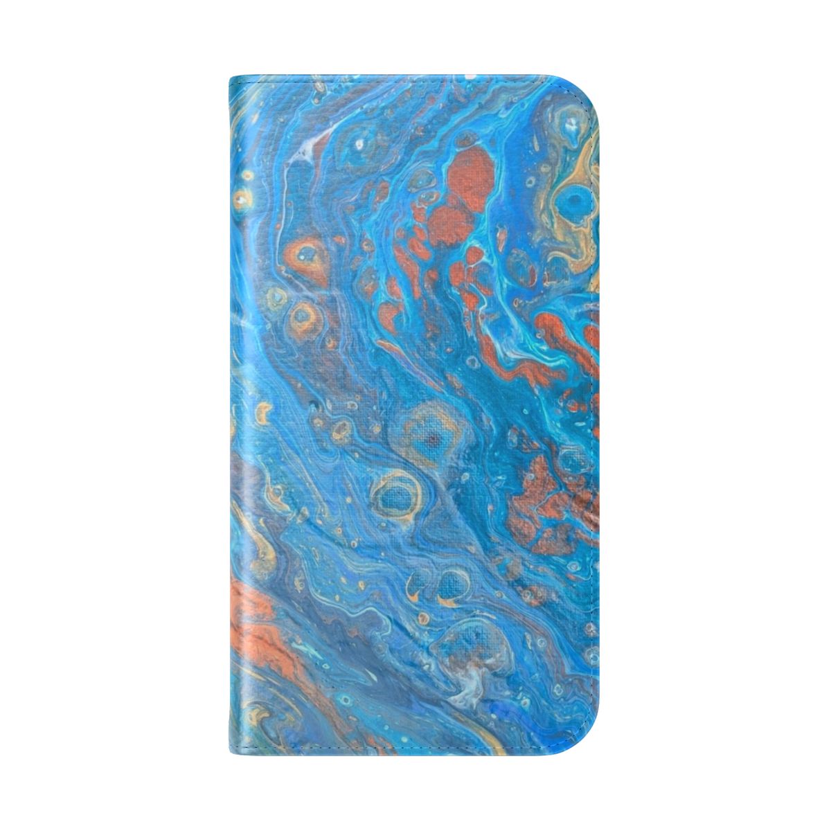 Handmade abstract art phone case with blue, copper, and gold acrylic paint design - Folded Back