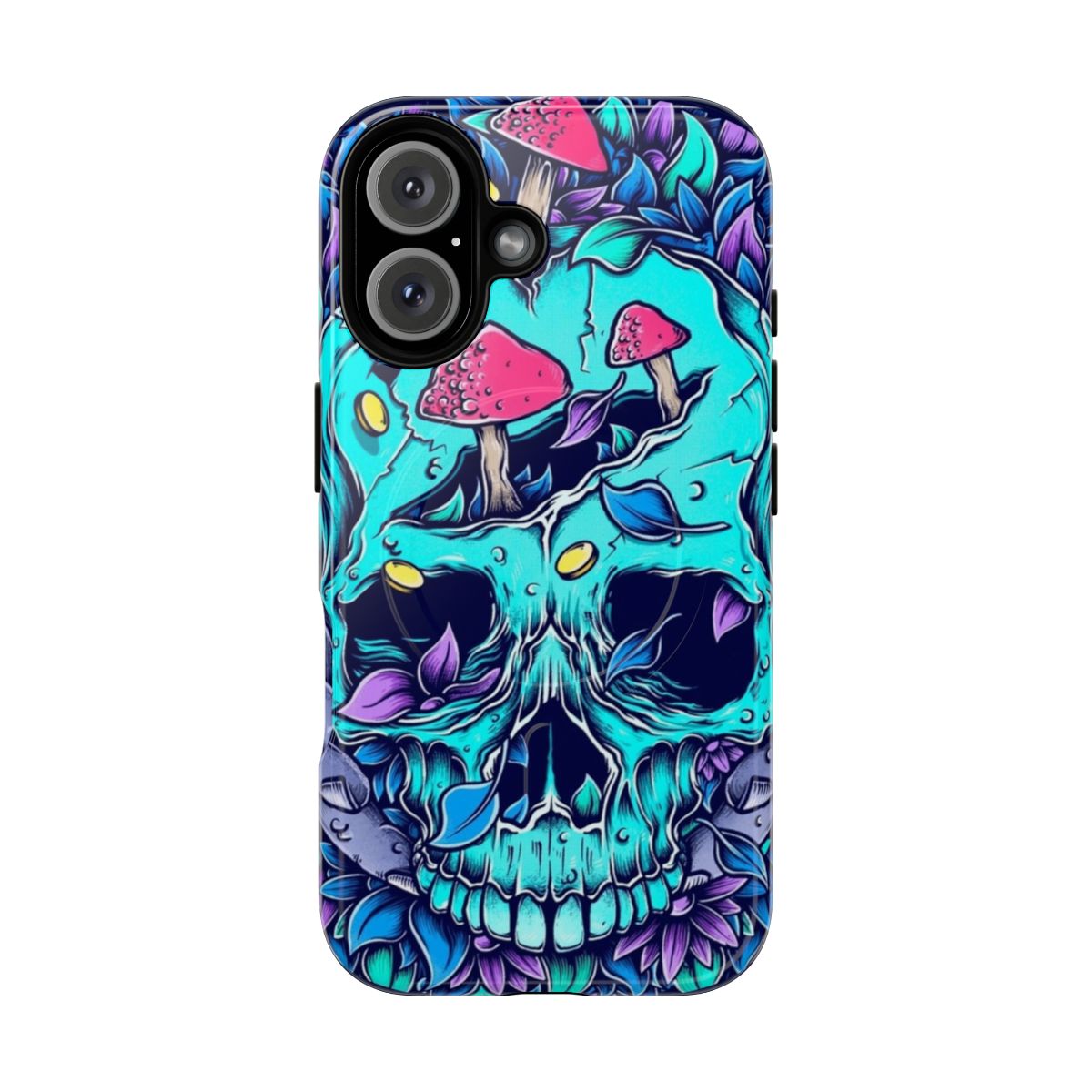 Psychedelic phone case with nature-inspired design featuring skulls and hands