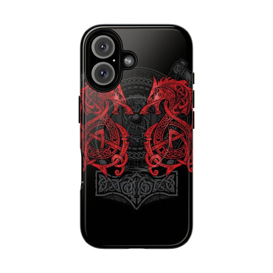 A red phone case featuring a design inspired by the Norse wolf Fenrir and Nordic/Celtic mythology.