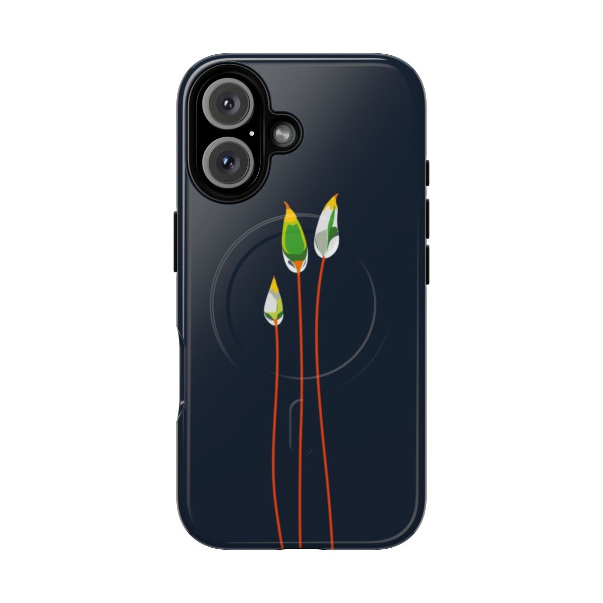 Magnetic tough phone cases featuring abstract calyptrae (moss) designs in green and red colors