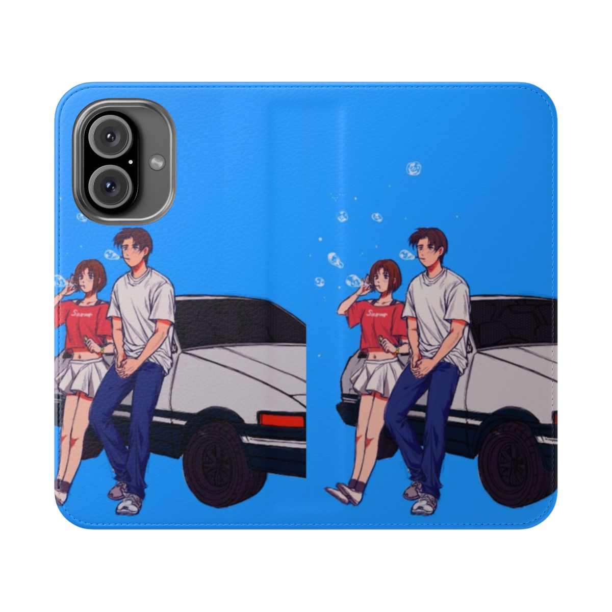 Anime-themed Initial D Takumi and Natsuki flip cover phone case featuring the iconic AE86 car