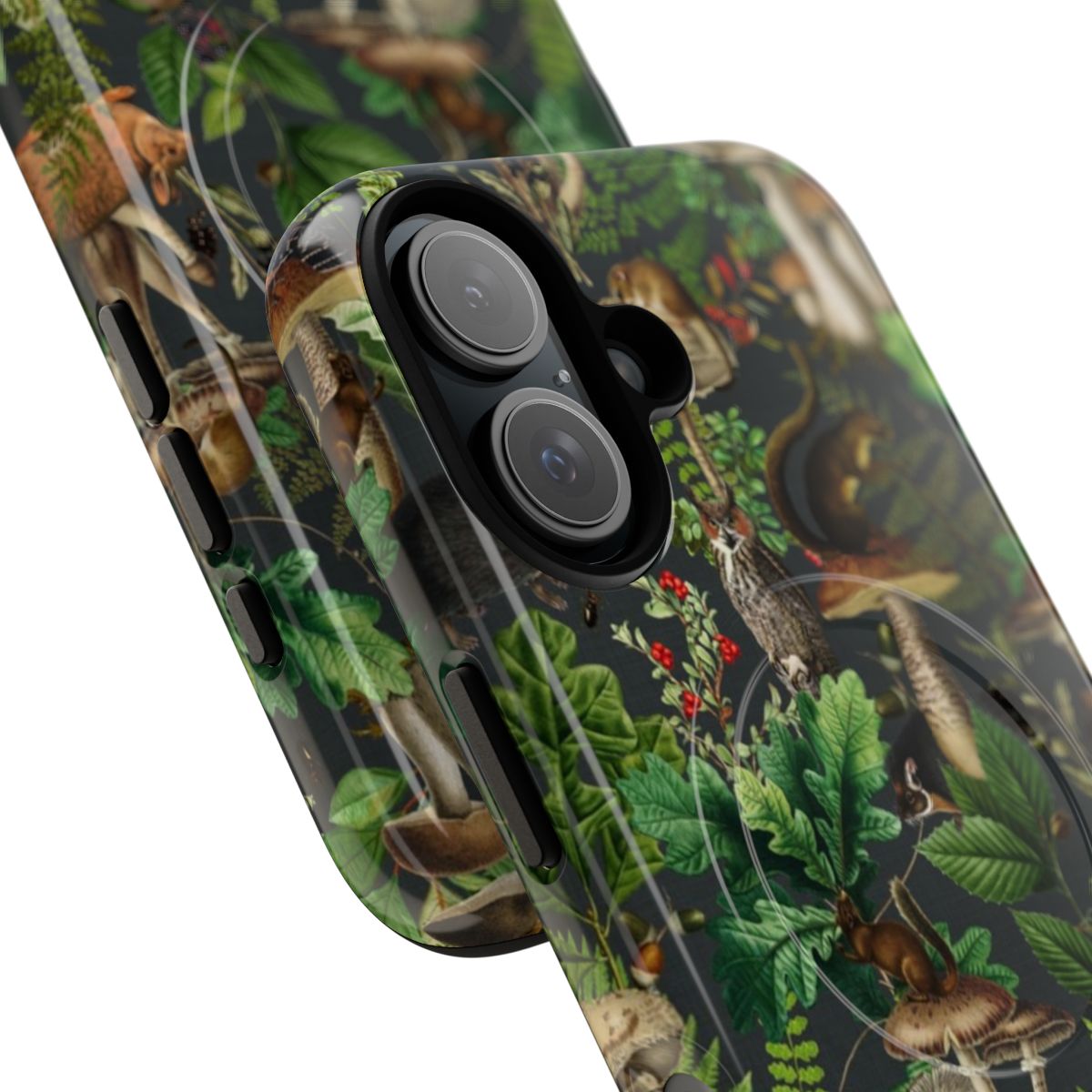 Vintage botanical phone case featuring a pattern of mushrooms, wild animals, and a night garden scene. - Detail