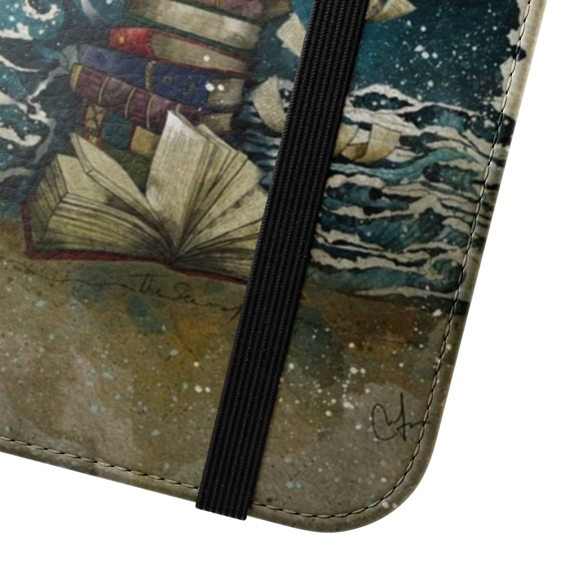 Flip phone case featuring a scenic ocean and night sky design with a lighthouse and books - Close Up