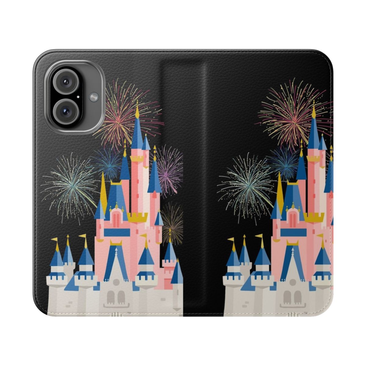 A black phone case featuring a fairytale castle design, perfect for Disney fans.