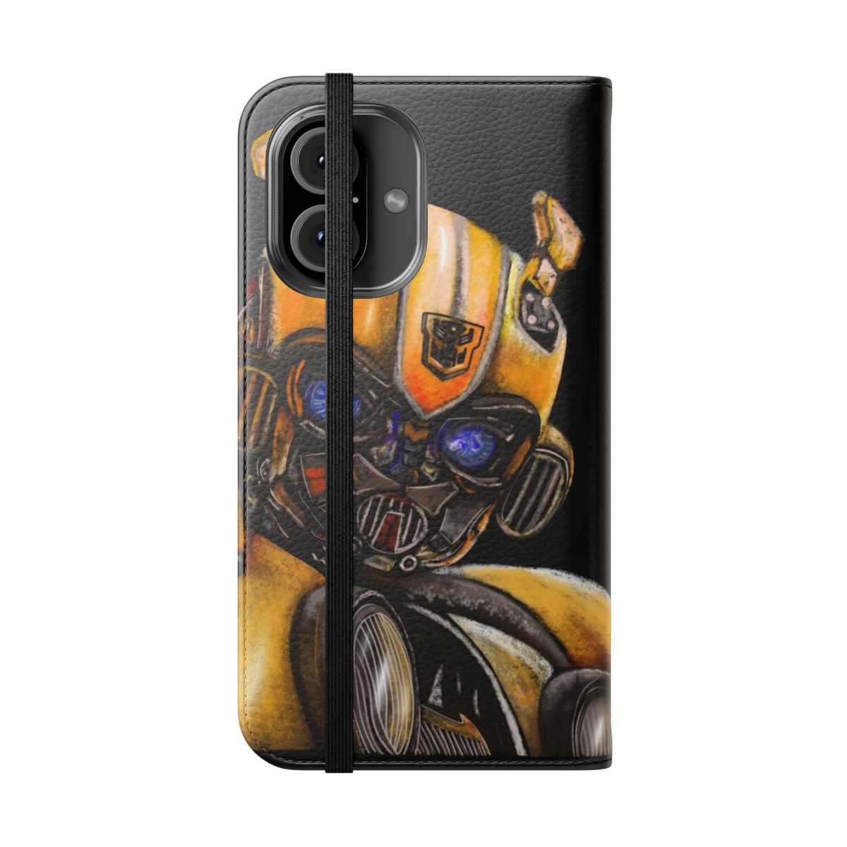 Bumblebee-themed flip cover phone case with digital illustration design - Folded Front