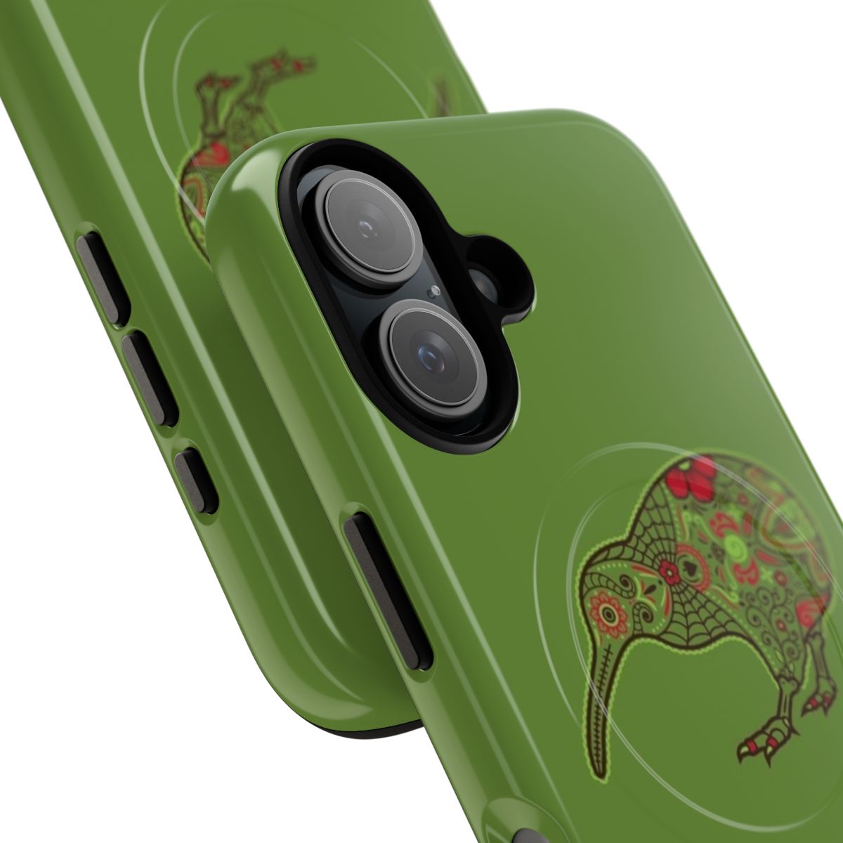 Colorful phone case with a magnetic tough design featuring a day of the dead kiwi bird illustration - Detail