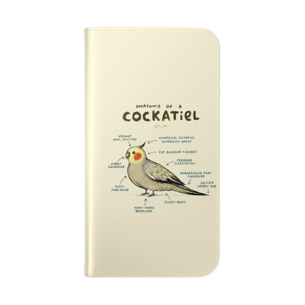 Cockatiel-inspired flip phone case with detailed anatomical artwork - Folded Back