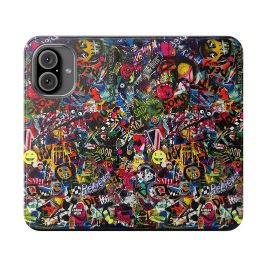 A collage-style phone case featuring a vibrant, graffiti-inspired design with mixed media elements.