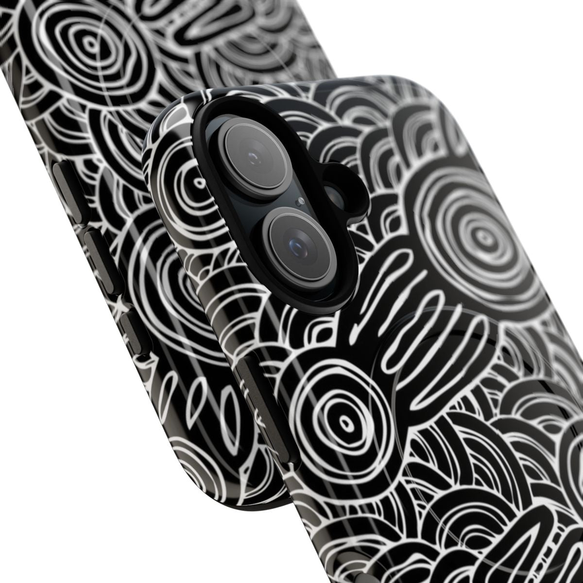 Authentic aboriginal art phone case featuring black and white indigenous Australian designs. - Detail