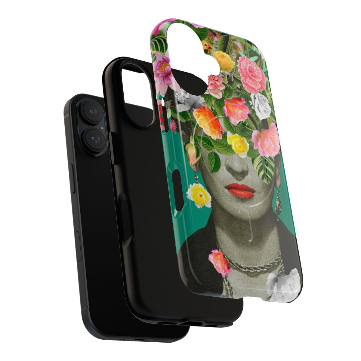 Colorful floral magnetic tough phone case featuring a collage-style design inspired by Frida Kahlo's artwork. - Layers