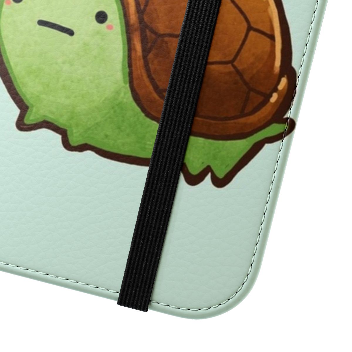 Flip cover phone case featuring a cute, green turtle design - Close Up