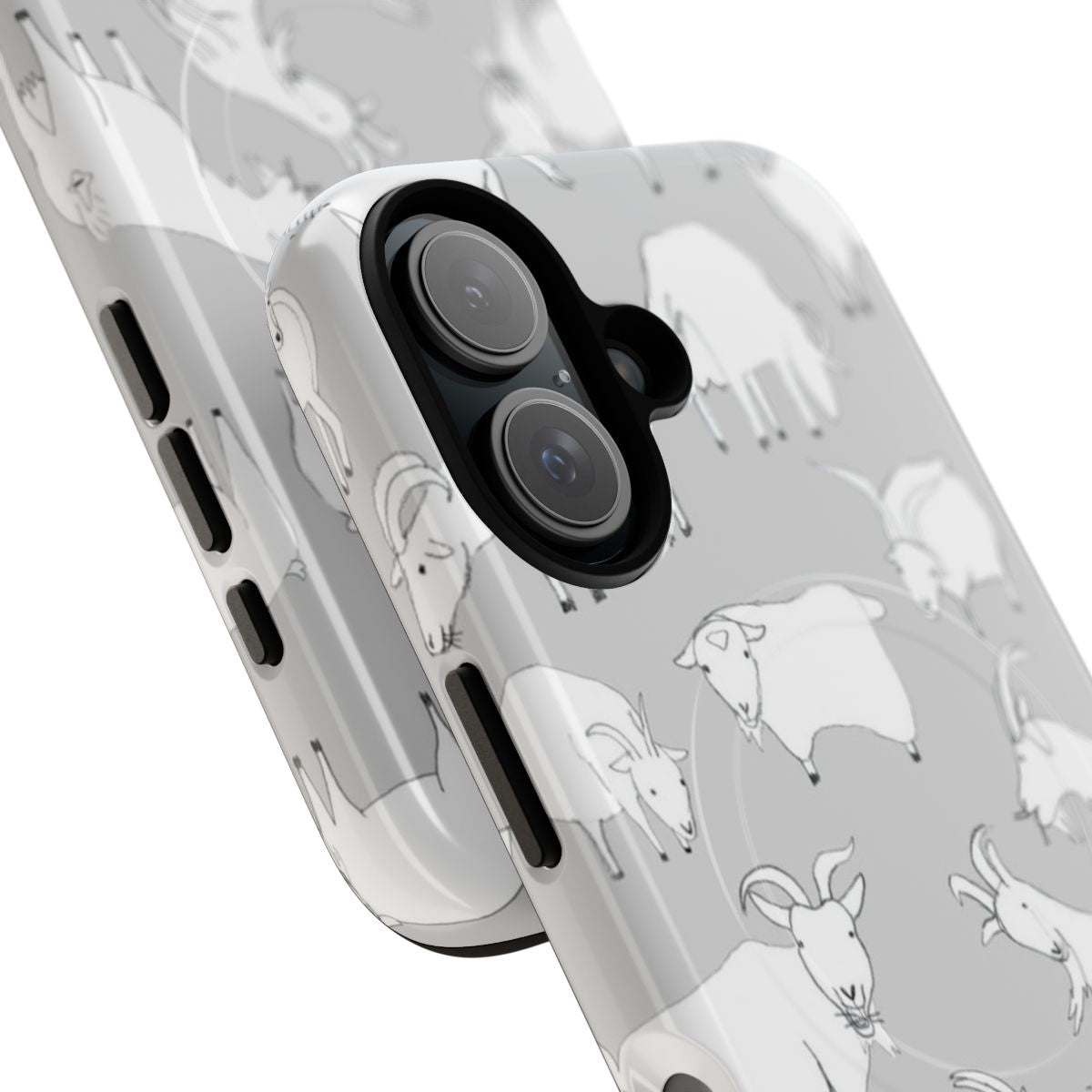 Magnetic phone case featuring a grey pattern with cute goats playing - Detail