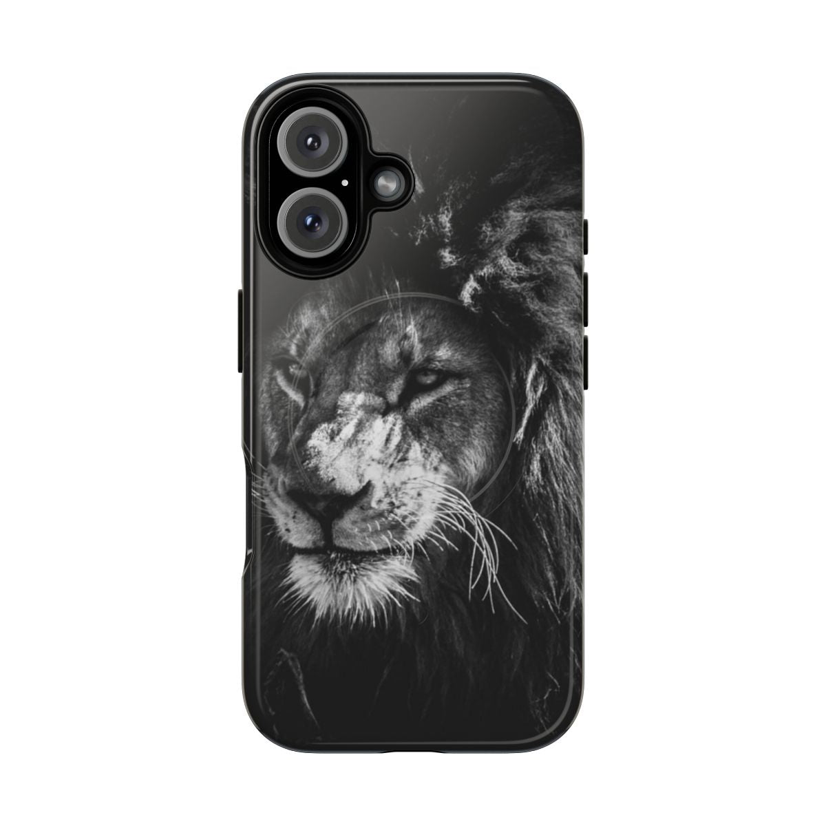 Black and white lion print design on a magnetic tough phone case