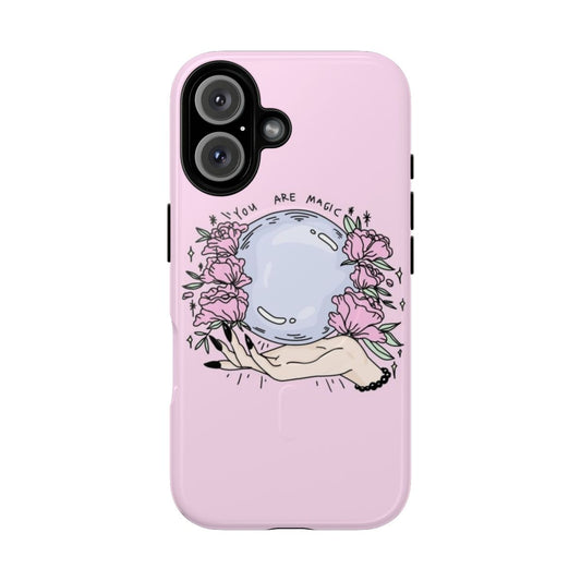 A pink floral magnetic phone case with a mystical touch