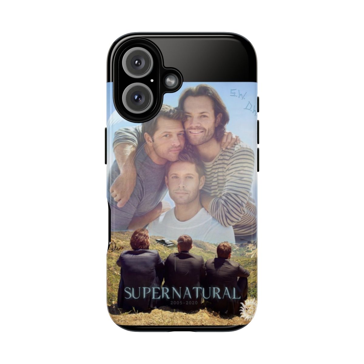 Supernatural-themed phone case with Dean, Sam, and Castiel characters