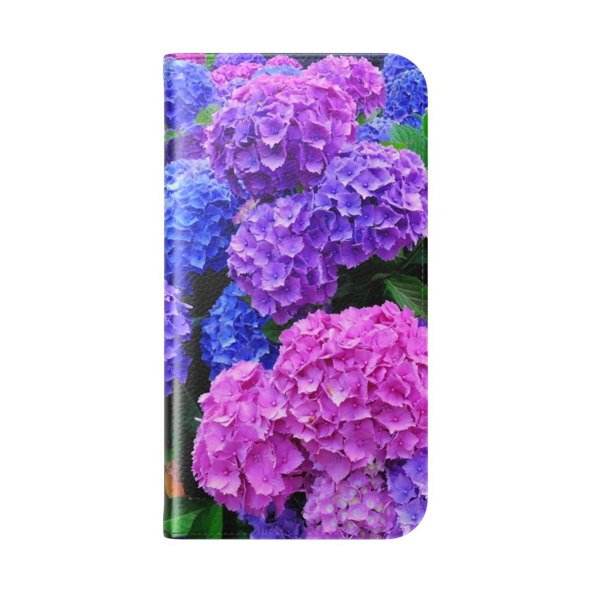 Flip cover phone case featuring a beautiful design of blooming purple and blue hydrangea flowers. - Folded Back