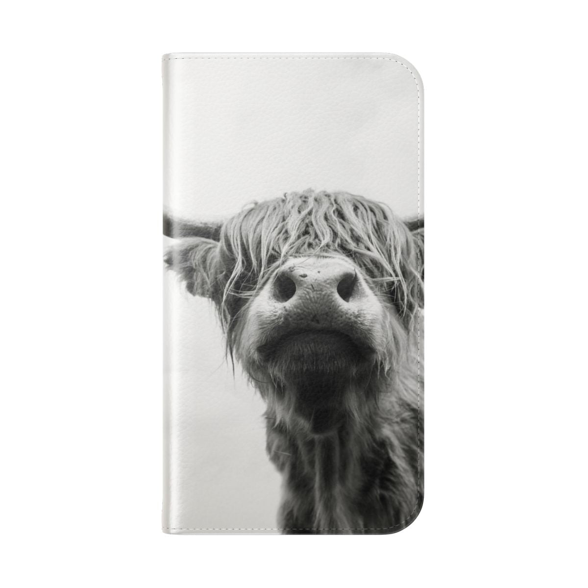 A high-quality phone case featuring a stunning black and white highland cow design. - Folded Back