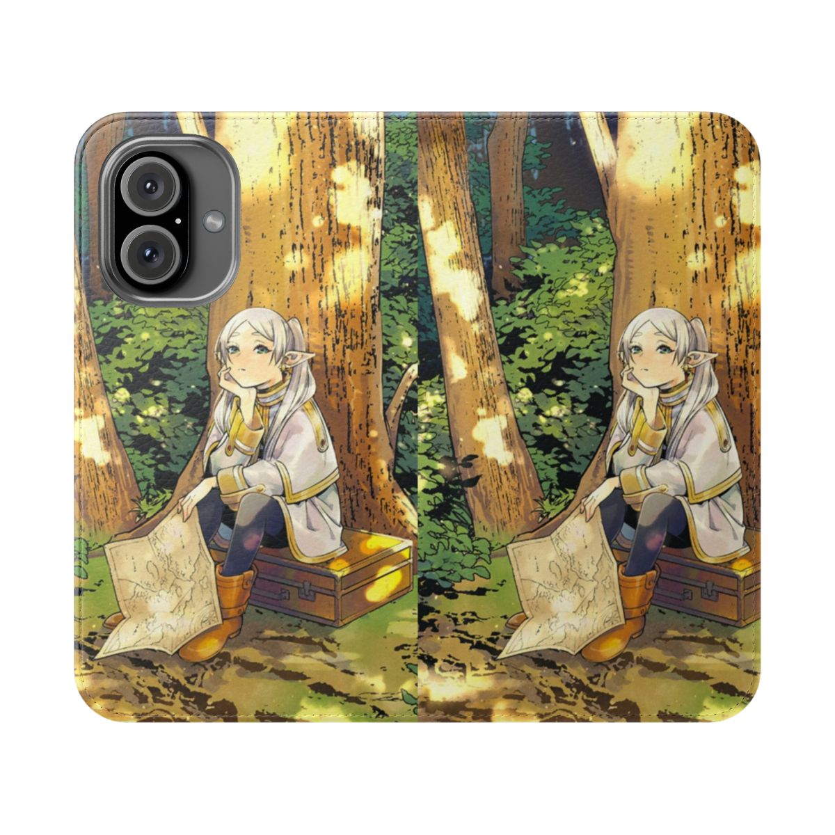 Sousou no Frieren inspired flip phone case with characters Fern, Stark, Himmel, and Eisen