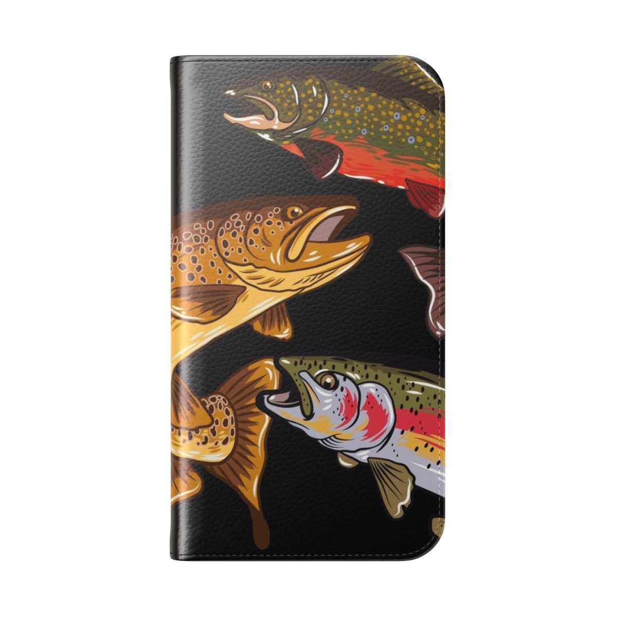 Vibrant flip cover phone case with a detailed trout illustration for fly fishing and trout fishing enthusiasts. - Folded Back