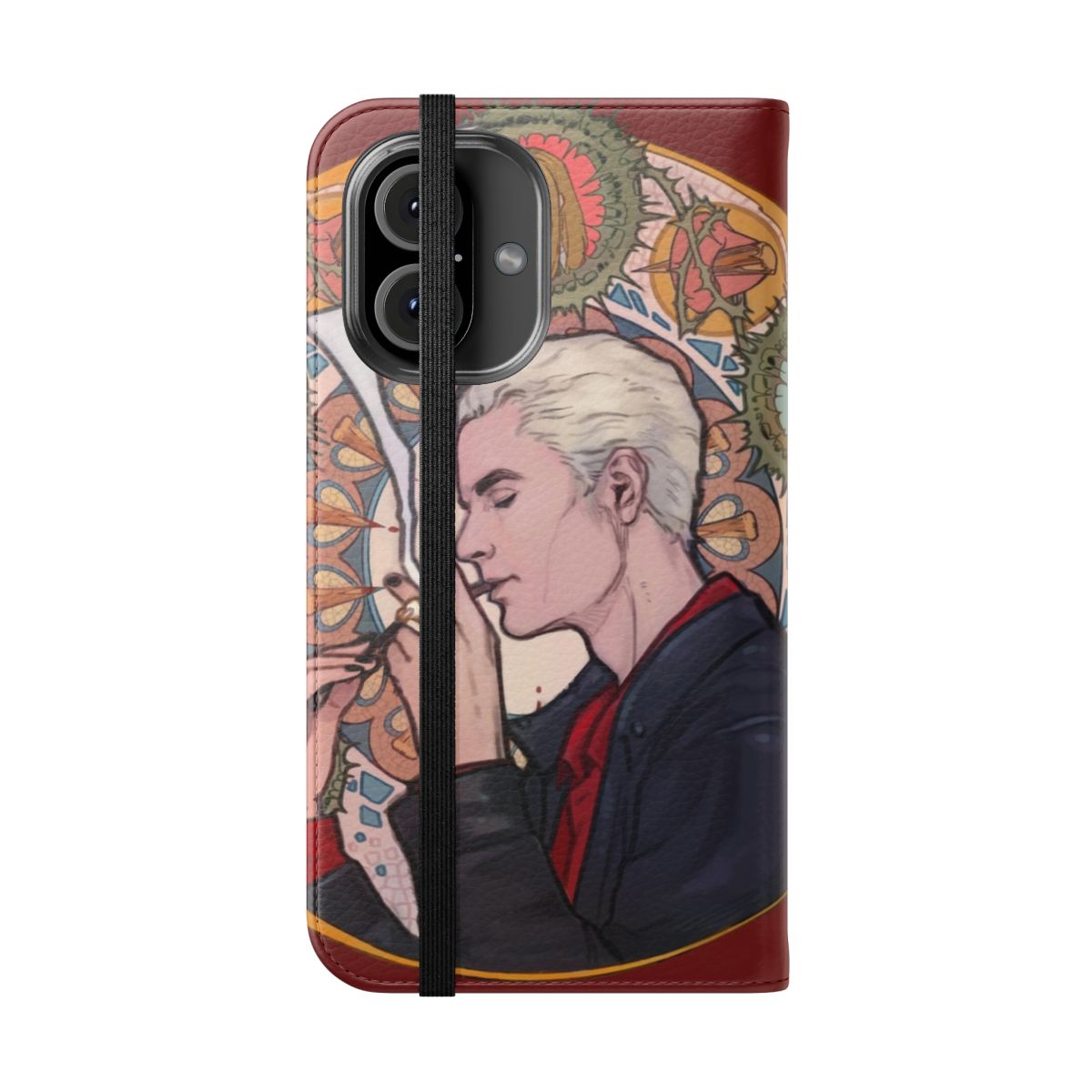 Spike-inspired flip cover phone case with the image of the character from Buffy the Vampire Slayer. - Folded Front