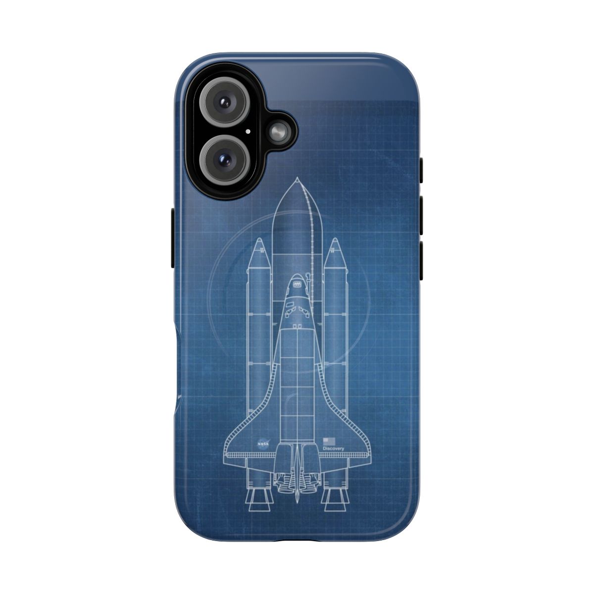 Detailed blueprint design of a space shuttle on a light blue background, featured on a magnetic tough phone case.