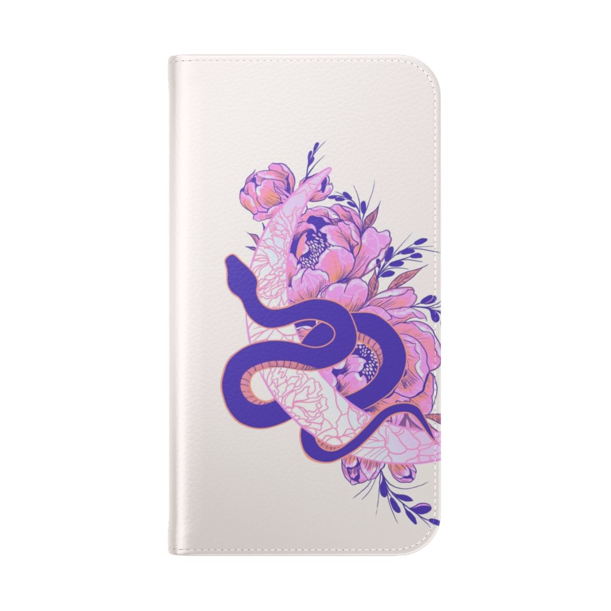 Pastel pink phone case with dark floral and moon snake design - Folded Back