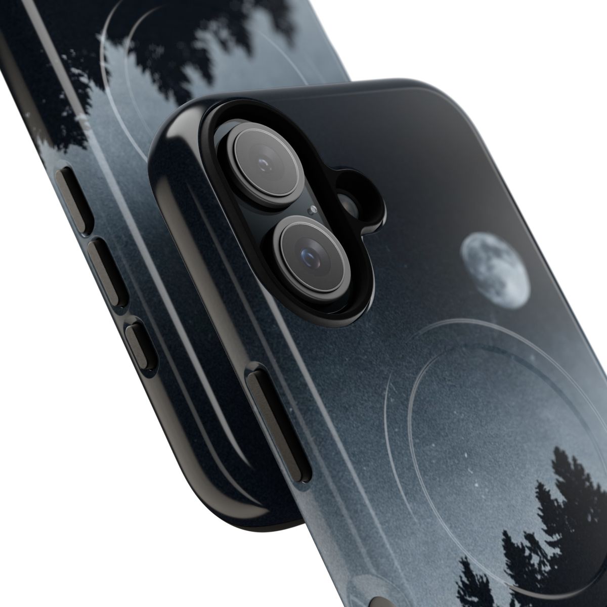 Magnetic phone case featuring a dark forest scene with trees, night sky, and moonlight - Detail