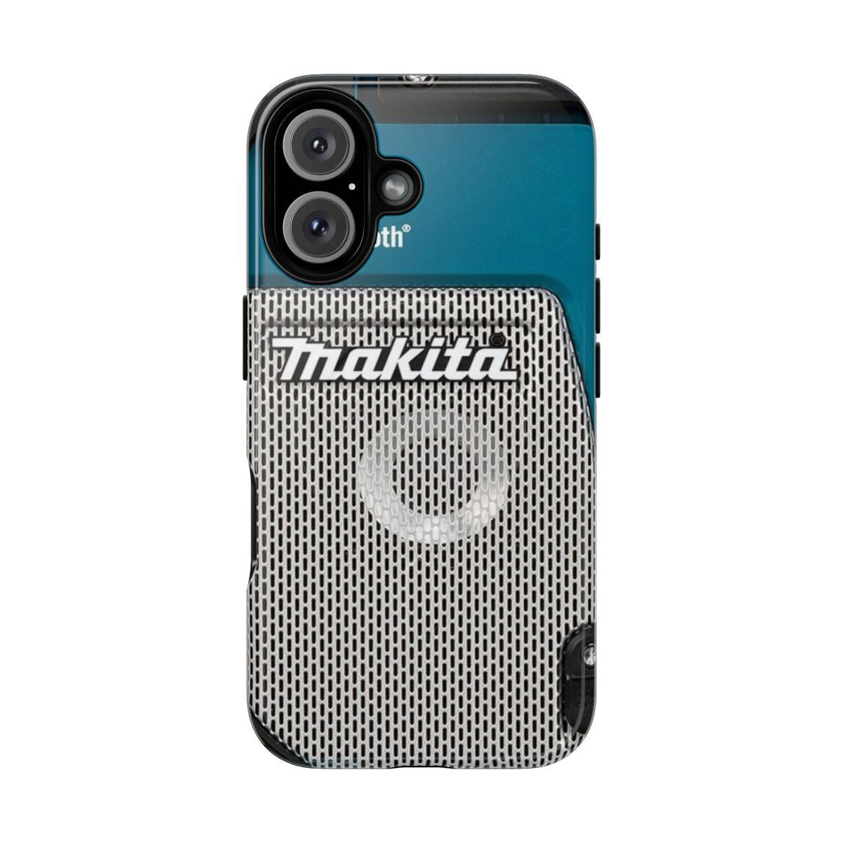 Colorful and protective phone case with Makita job site radio, Bluetooth, and magnetic features