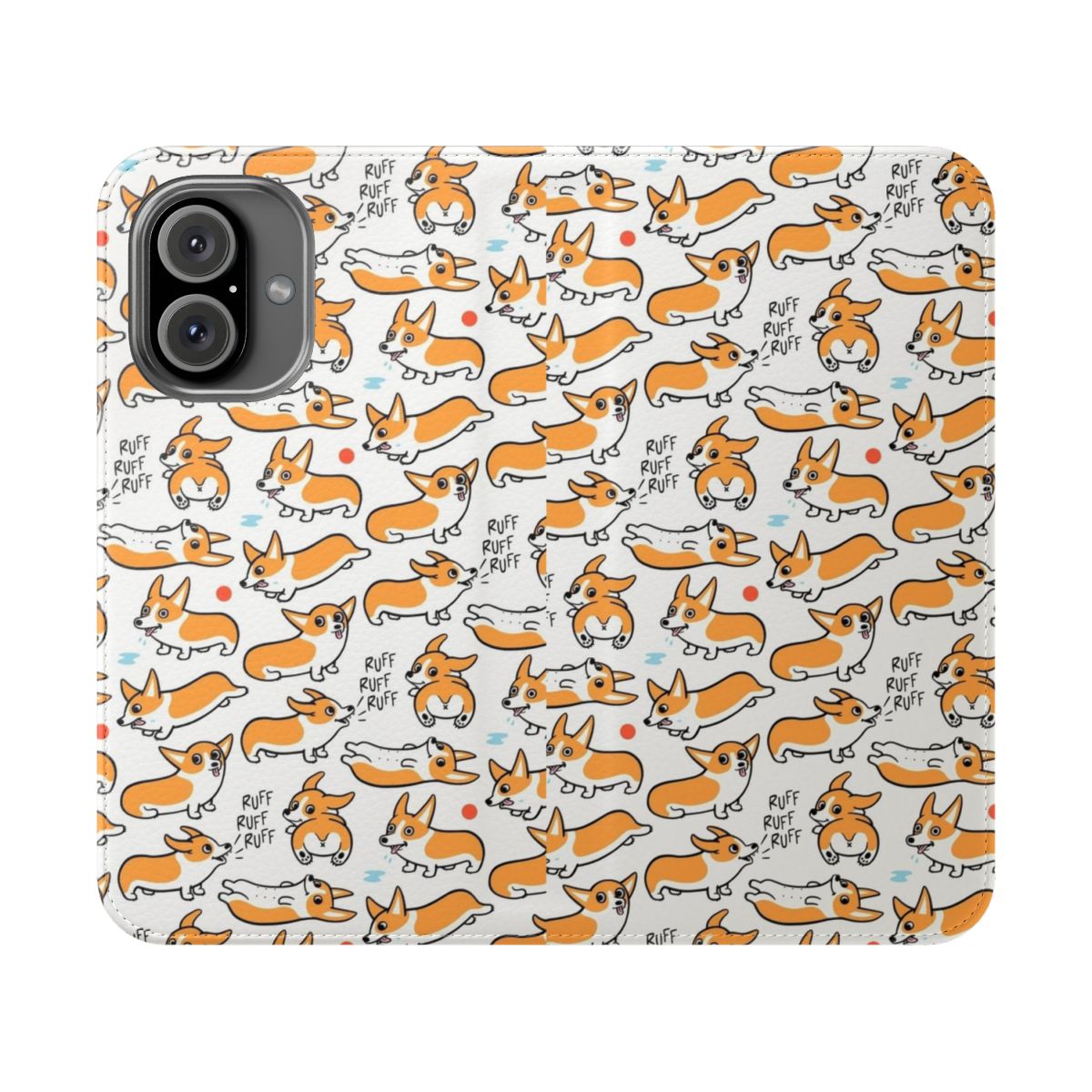 A colorful flip cover phone case featuring a repeating pattern of cute corgi dogs.