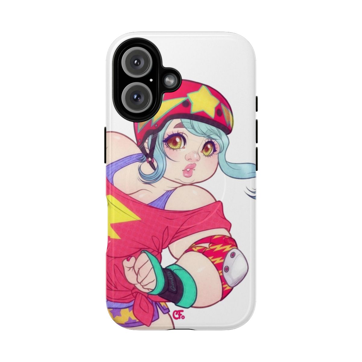 Colorful 80s-style magnetic tough phone case with roller derby design