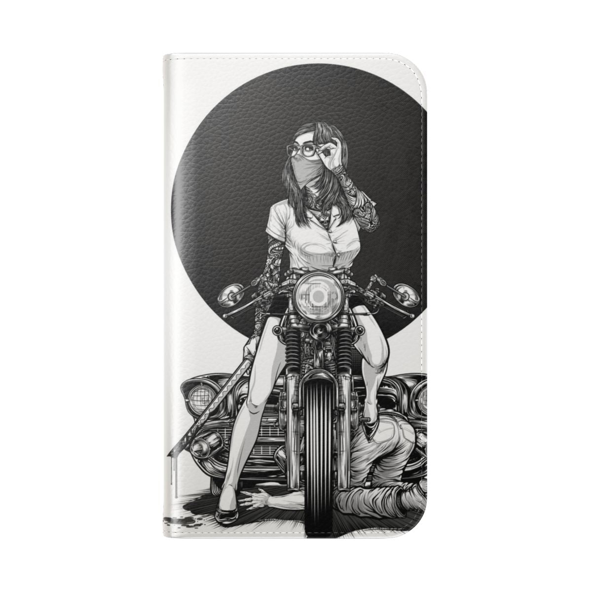 Flip cover phone case with vintage car, motorcycle, and manga inspired artwork - Folded Back