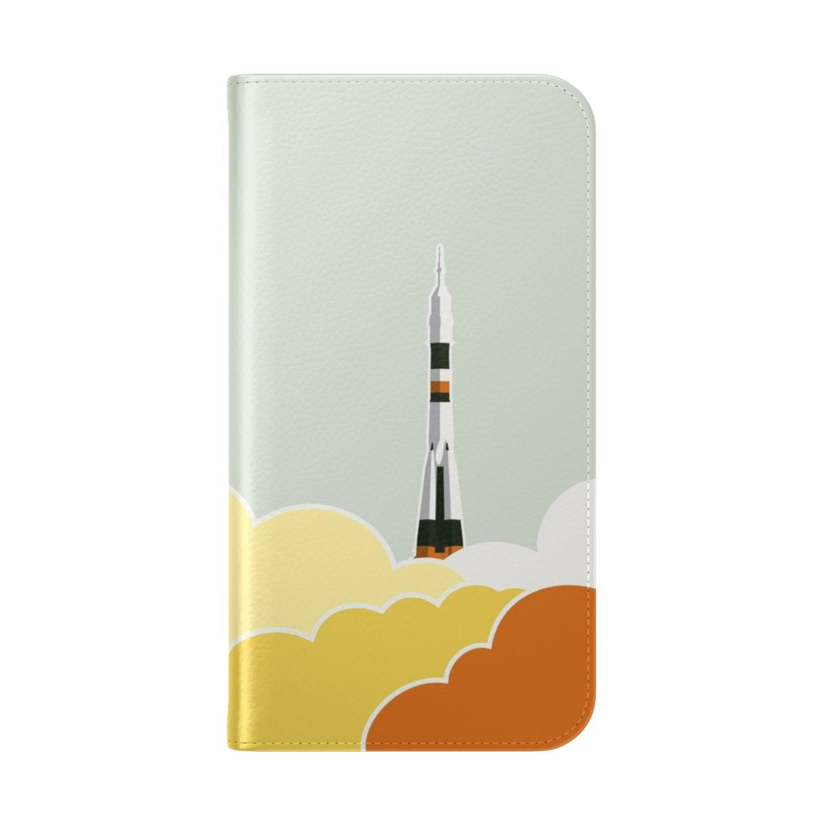 Flip cover phone case with a space-themed design featuring planets, stars, and spacecraft. - Folded Back