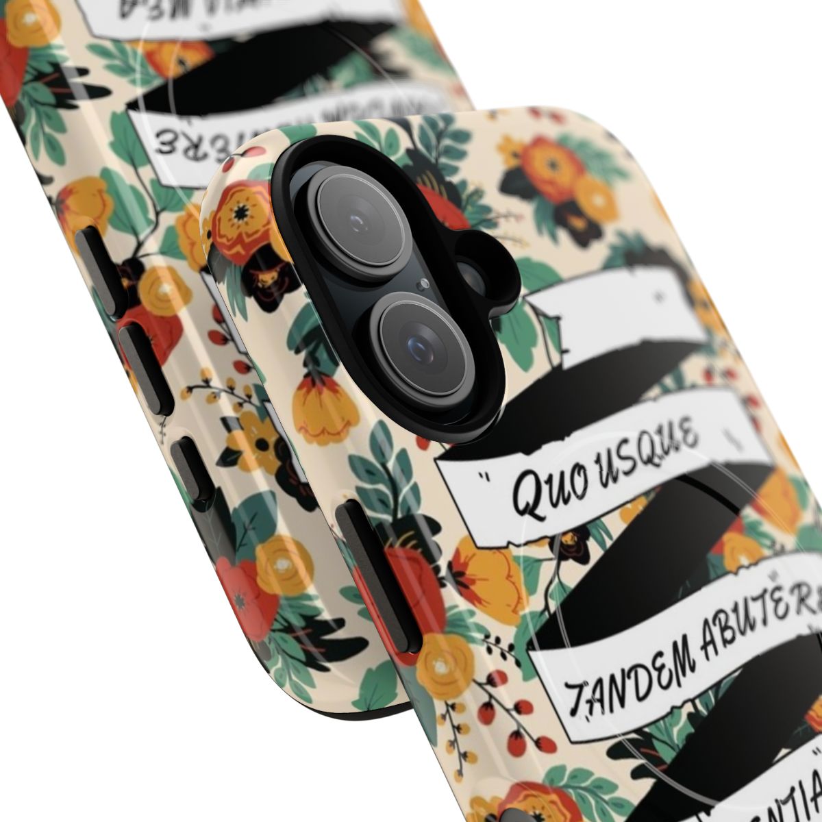 Floral phone case featuring quotes and writings from ancient Roman orator Cicero - Detail