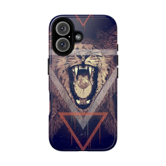 A phone case featuring an abstract, surreal artwork with a moon and lion in a cosmic, geometric design.