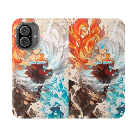 Colorful anime-style illustration of Aang, Appa, Katara, Zuko, and Toph on a flip cover phone case.