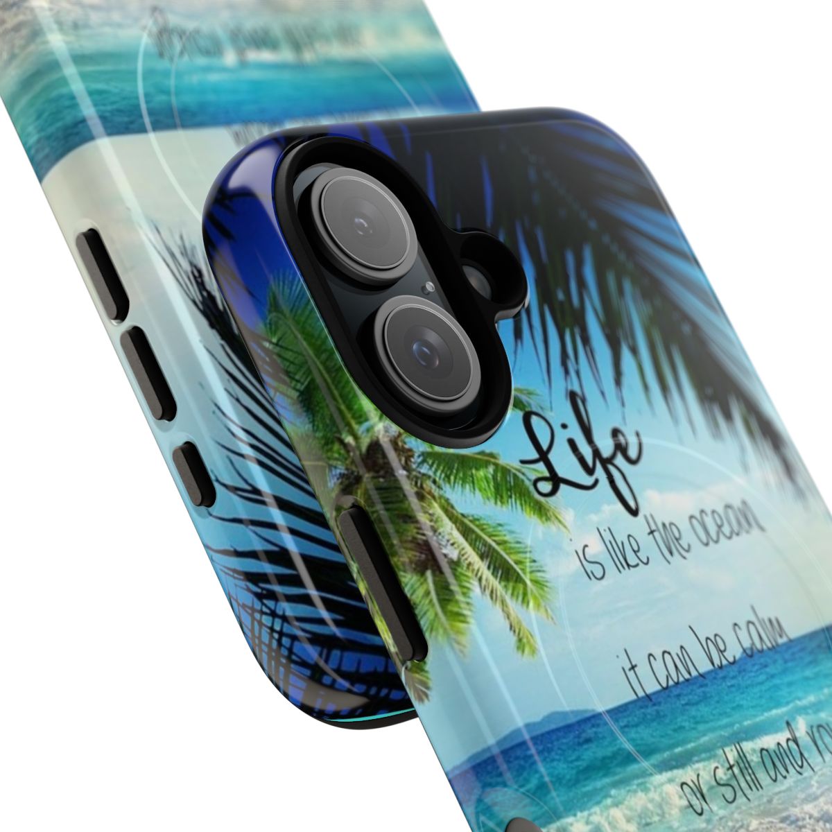 A close-up of a phone case with a scenic beach and ocean landscape design - Detail