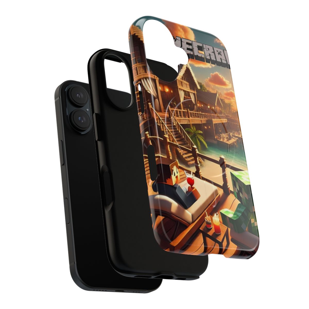 Magnetic tough phone case featuring characters Steve and Creeper from the popular game Minecraft on a tropical vacation scene. - Layers