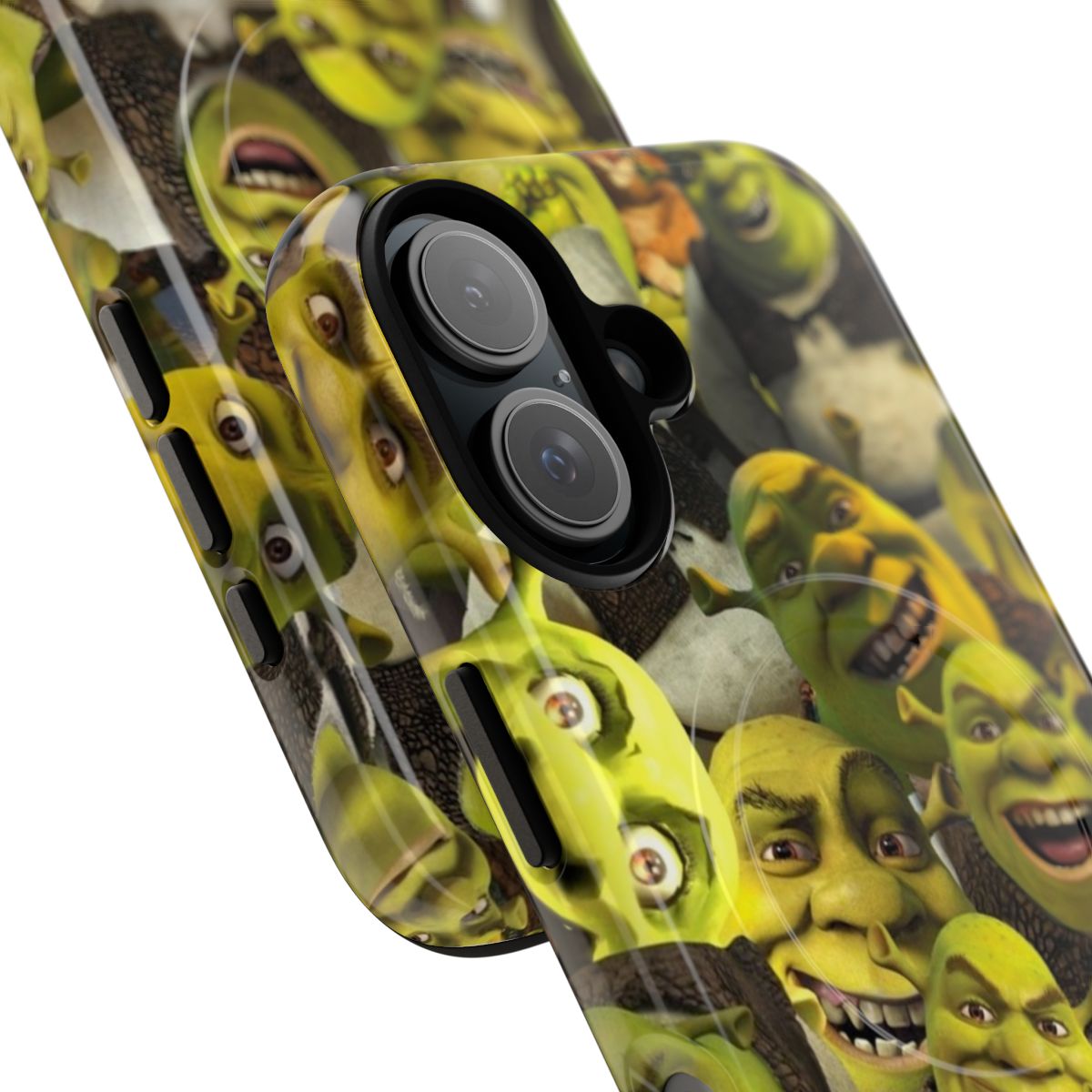 Vibrant, artistic phone case featuring a collage of Shrek characters and imagery. - Detail