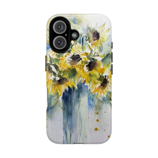 Watercolor sunflower floral art texture design on a protective phone case cover for iPhone and Samsung Galaxy