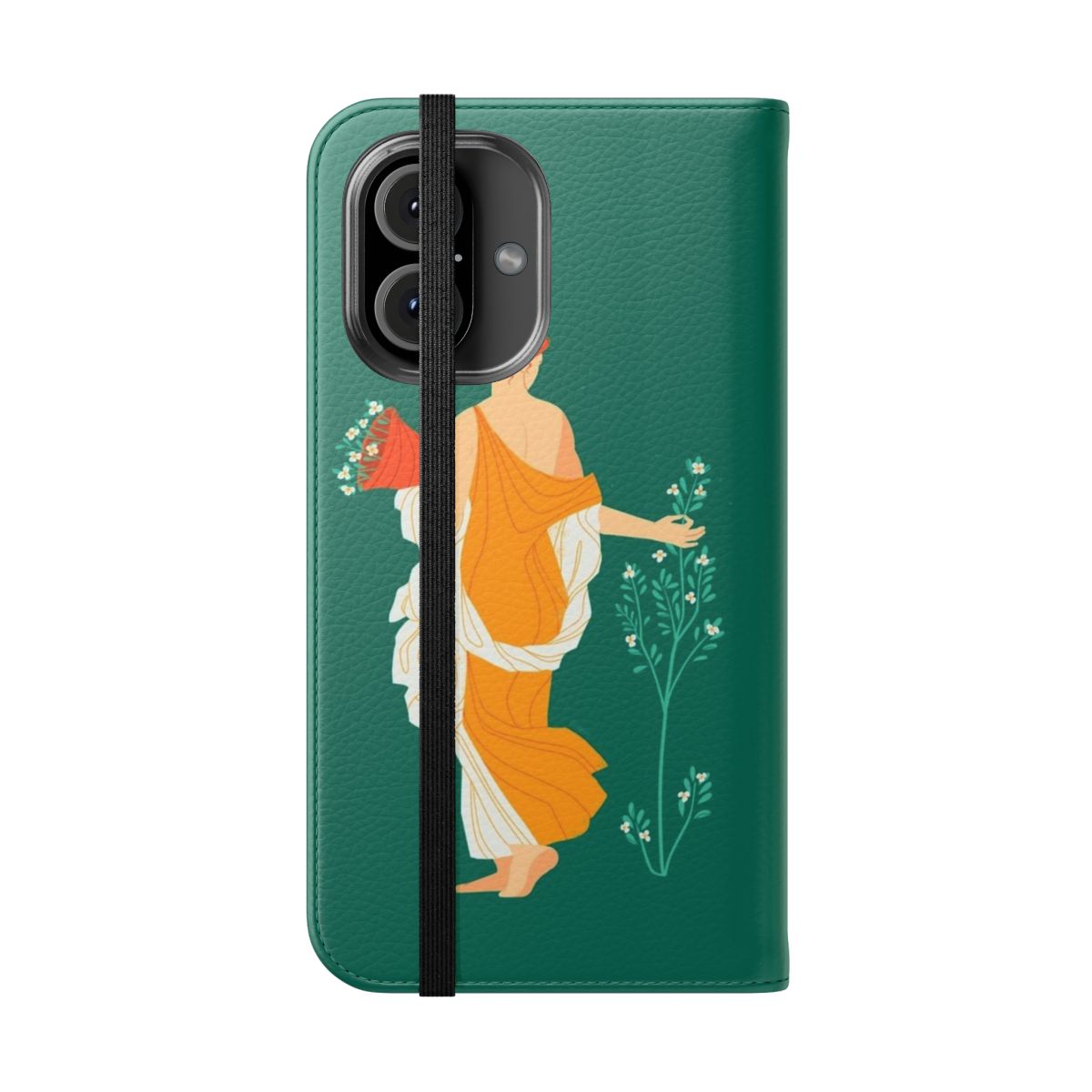 Flip cover phone case featuring a botanical design inspired by ancient Roman art and history. - Folded Front