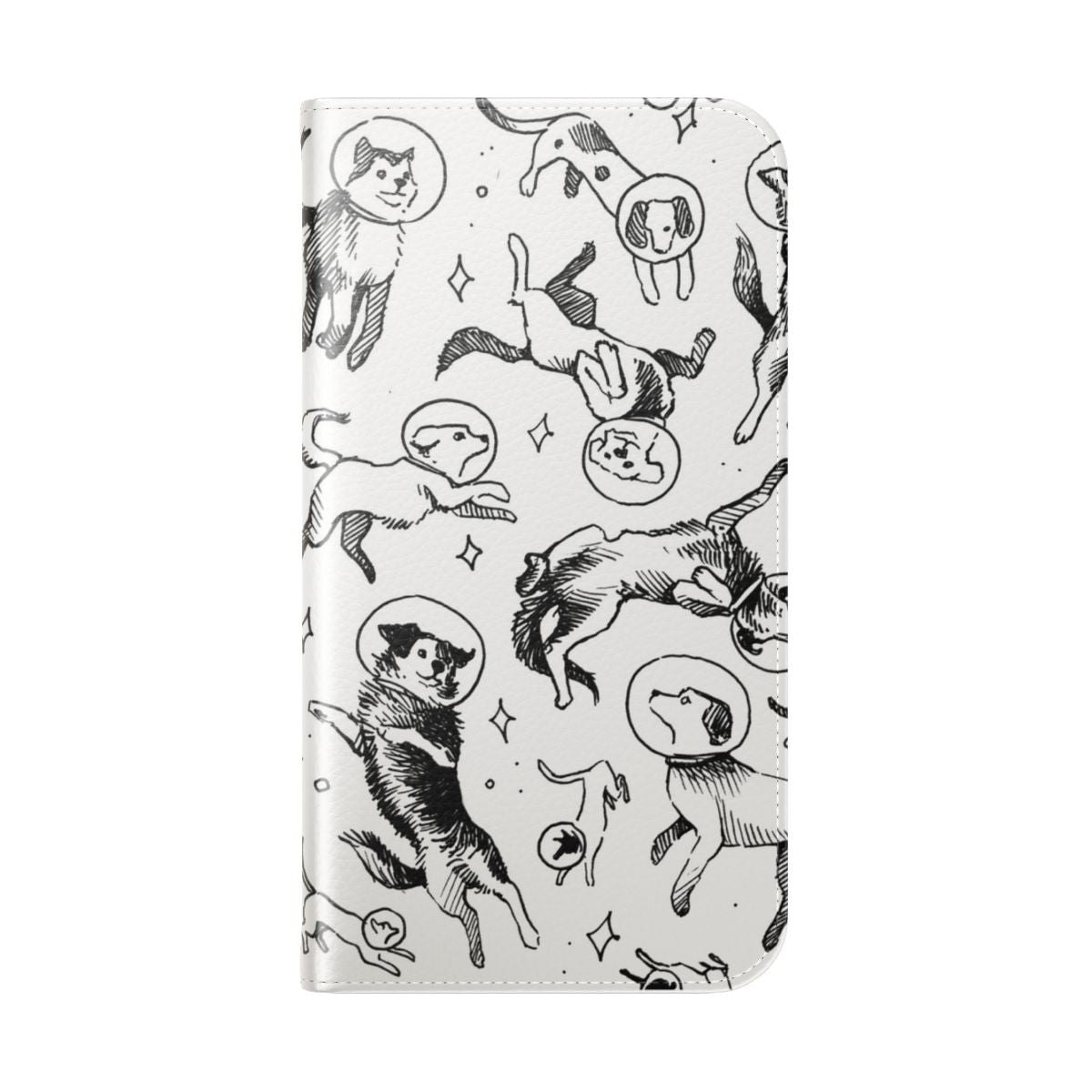 A phone case featuring a playful design of a dog in a space-themed pattern. - Folded Back