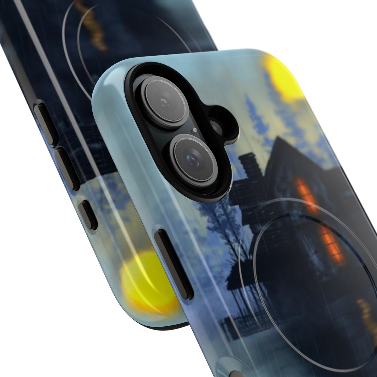 Haunting magnetic phone case featuring a dark, foggy haunted house image - Detail