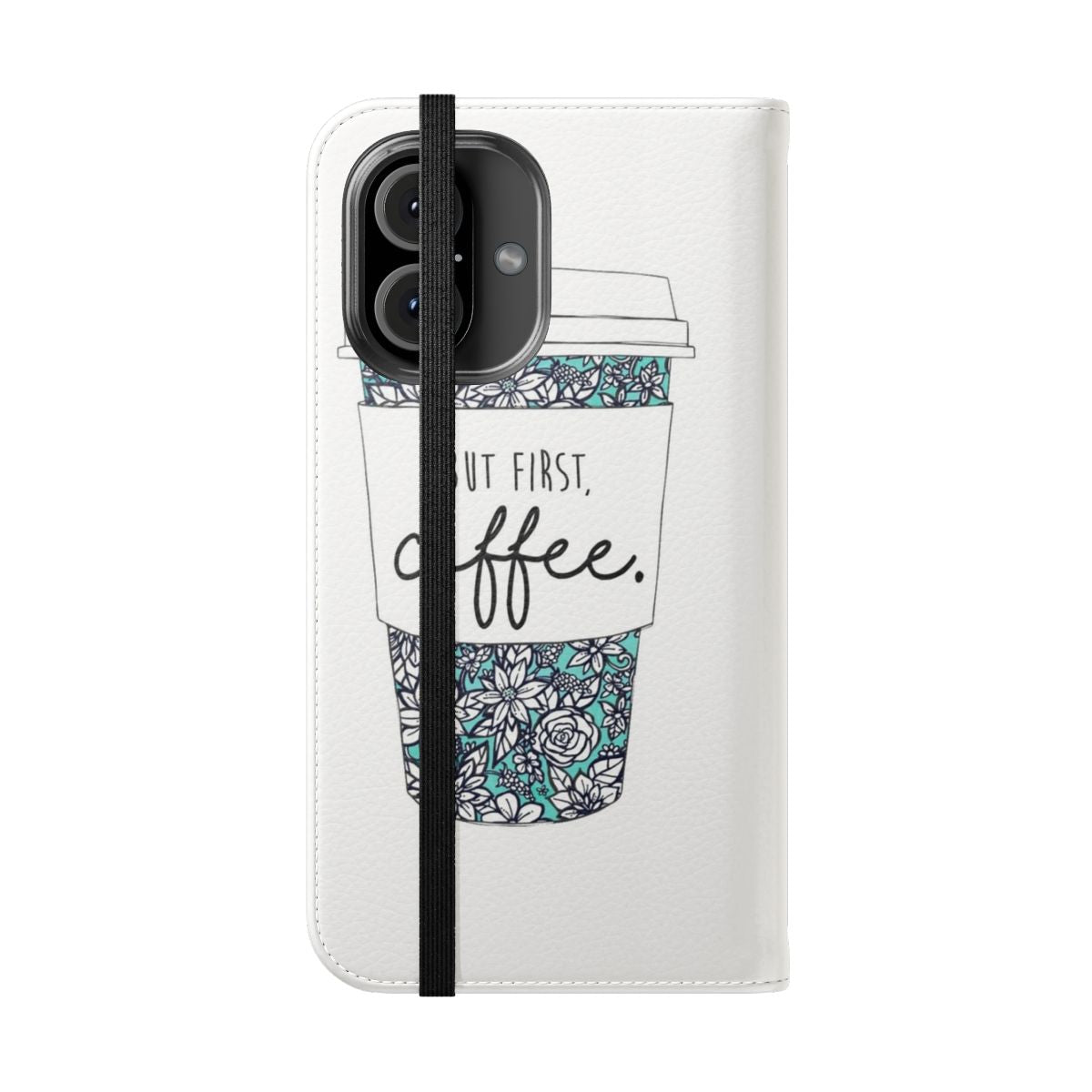 Floral coffee-themed phone case with teal and white flowers - Folded Front