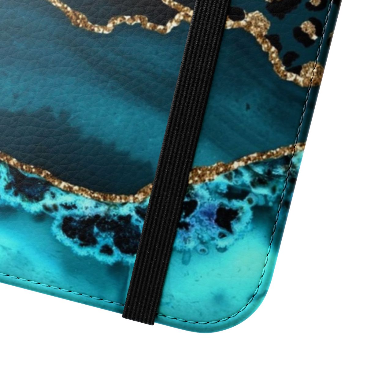 Teal and gold leopard agate inspired flip phone case - Close Up