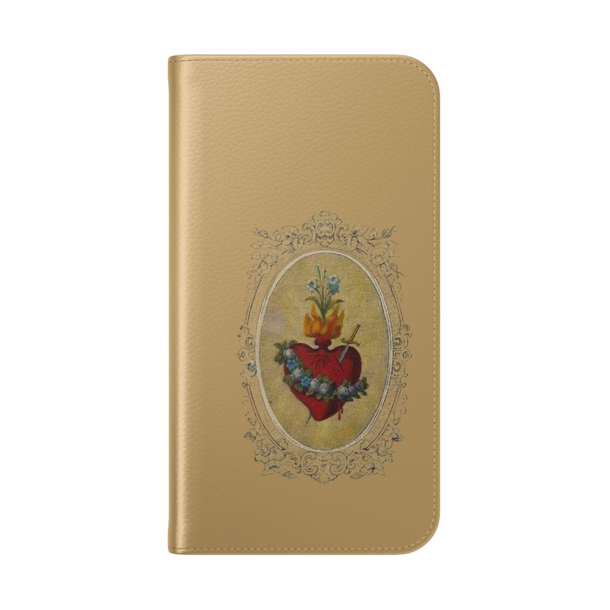 Flip cover phone case featuring a sacred heart of mary design - Folded Back